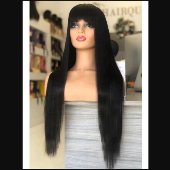 NEW Hair Queen LA 1B Black/Dark Brown Dama Straight with Bangs Lace Wig, 30 in. - Picture 1 of 3